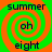Four identical display a green and orange spiral background with 'summer' at top, 'oh' in center, and 'eight' at bottom; no visible animation changes