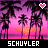 Pixelated sunset scene with palm trees, pink and purple gradient sky, two heart symbols above the trees, and white text reading "SCHUYLER" at the bottom.