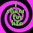 Four identical spiral patterns with alternating black and magenta rings, each containing green text reading 'i cheer for life' in a pixelated font.