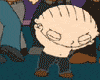 Animated cartoon character with light skin and short hair performs multiple actions against a crowd background.