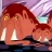Pixelated image of a red-haired character with large eyes and prominent teeth, set against a purple and white background.