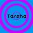 Four identical circular icons with concentric pink rings on a blue background, each containing the text "Tarsha" in black pixelated font.