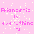 Pink background with repeated text 'Friendship is everything =]' in pixelated font, scattered white speckles, and a solid gray rectangle on the right edge.