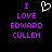 Pixelated text and heart symbol on black background, with purple text reading 'I LOVE EDWARD CULLEN' and a white heart outline above 'I'.