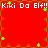Red background with repeated "Kiki Da Elf!!" text and scattered green star shapes in a
