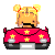 Pixel art animation of a blonde doll character in a pink car with yellow stars, showing two frame variations where the character's mouth and hand position change.