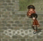 Animated sequence of two characters in brown outfits on a stone background, showing movement, collision, and interaction.