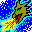 Pixelated 32x32 static icon featuring a dragon-like creature with green eye, red mouth, and yellow fire effects against blue background.