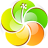 A circular icon with four curved segments in yellow, green, light green, and orange radiating from a central white vertical line with a small cross at the top.