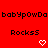 Red background with repeated black text 'babyPowDa' and 'Rocks5', white pixelated hearts and downward arrows changing position across frames.