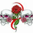 A pixelated red rose with green stem and leaves, surrounded by translucent white wings on a plain background.