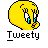 Pixelated yellow cartoon bird face with blue tears, white text 'Tweety' below and red/white text 'Instant Icons .com' to the right on gray background.