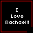 Four identical black square with red borders display white pixelated text reading "I Love Rachael!!" each containing a distinct small symbol
