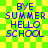 Green and yellow checkered background with blue pixelated text reading BYE SUMMER HELLO SCHOOL in four lines.