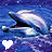 Two dolphins leap from blue water with open mouths, one white heart on left and black heart on right.
