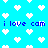 Pixelated blue background with white heart shapes and repeated text "i love cam" in dark blue pixel font.
