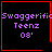 Four identical pixelated with red borders display purple text 'Swaggerific Teenz 08' on black backgrounds, with one showing a red heart and another a red starburst symbol