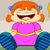 Pixelated cartoon character with orange hair, blue bows, pink dress, and yellow accents sitting on a green surface against a gray background.