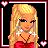 Pixel art contact sheet of an animated AIM buddy icon featuring a blonde female character in various poses and angles with red text "i luv ya!" on one frame, surrounded by pink heart borders.