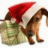 Animated icon of a dog wearing Santa hat and green sack, with red text 'Happy Holidays' appearing sequentially across frames.