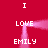 Red background with white text 'I', 'LOVE', and 'EMILY' arranged in a symmetrical pattern, featuring pink pixelated light effects.