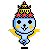 Pixel art character with blue body, yellow cheeks, and red-yellow crown-like headpiece in four poses: standing with arms outstretched, side profile holding hand to face, back view walking away, front-facing holding drink.