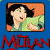 Pixelated image of a woman with dark hair in green clothing against an orange background, next to green text on dark green and red text on blue.