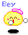 A two-frame animated contact sheet of a yellow cartoon character with pink hair accessory, showing mouth and speech bubble changes against gray background.