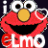 A 4-frame animated contact sheet of a red Sesame Street character with yellow nose, white eyes, and black mouth, arranged in a 2x2 grid on dark background with repeated text elements.