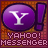 Purple circular icon with white 'Y!' symbol and exclamation mark, repeated in a with 'YAHOO! MESSENGER' text below each icon on a brown pixelated background