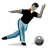 Pixelated figure in bowling pose with extended arm and leg, wearing black shirt and blue pants, holding a gray ball.