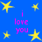 Blue background with yellow stars and pink text reading "i love you" repeated four times.