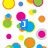 A colorful pixelated pattern of overlapping circles in yellow, pink, green, blue, orange, and gray on a white background, with text labels in various colors and styles.