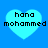 Four identical light blue heart shapes on a solid blue background, each containing black pixelated text reading "hana mohammed" in two lines.