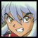 Pixelated anime-style character face with light blue hair, brown eyebrows, and a red garment visible at the bottom, set against a blurred background of gray and white tones.