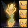 Pixelated character with blonde hair in a bun, wearing a green dress and translucent wings, hands raised above head against dark background.