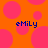 Orange background with pink circles and blue text reading 'emily' in two positions.
