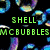 Animated sequence of iridescent bubbles floating against a black background with green text reading SHELL MCBUBBLES.