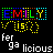 Pixelated text and shapes on black background: 'EMILY' in colored blocks, yellow dotted circles with 'is', white lowercase letters below.