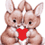Two pixelated brown rabbits with large ears face each other, holding a red heart-shaped object between them against a white background.