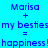 Blue pixelated text on cyan background reads 'Marisa + my besties = happiness!happiness!' with green gradient overlay.