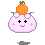 Pixel art character with pink rounded body, orange pumpkin on head, purple antennae tips, and changing facial expressions across frames.