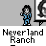 A 4x4 contact sheet of a pixel art animated buddy icon featuring a character in blue overalls and a black hat, with repeated "Neverland Ranch" text and a circular logo element.