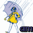 Pixelated animation of a figure in yellow dress holding purple umbrella walking through rain, with 'aim' text overlay.