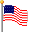 Pixelated American flag on a pole with golden finial, displayed in a of waving states against gray background