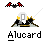 Animated contact sheet showing five frames of a pixel art buddy icon featuring Alucard with bat wings and sword, displayed on gray background.