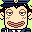 Pixel art contact sheet showing two animated frames of a cartoon character with exaggerated facial features and expressions, one smiling with closed eyes and the other sweating with wide eyes behind bars.