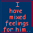 Four identical blue square with red borders display pink text reading "I have mixed feelings for him." Each has a distinct symbol at the bottom right: two periods, a heart, two periods, and an asterisk