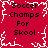 Red background with white pixelated border and central starburst pattern, displaying four identical text blocks reading "Soccer Champs For Skool" in black pixelated font.