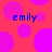 A static image with a bright red background covered in overlapping purple circles, featuring the word 'emily' repeated four times in blue pixelated text.